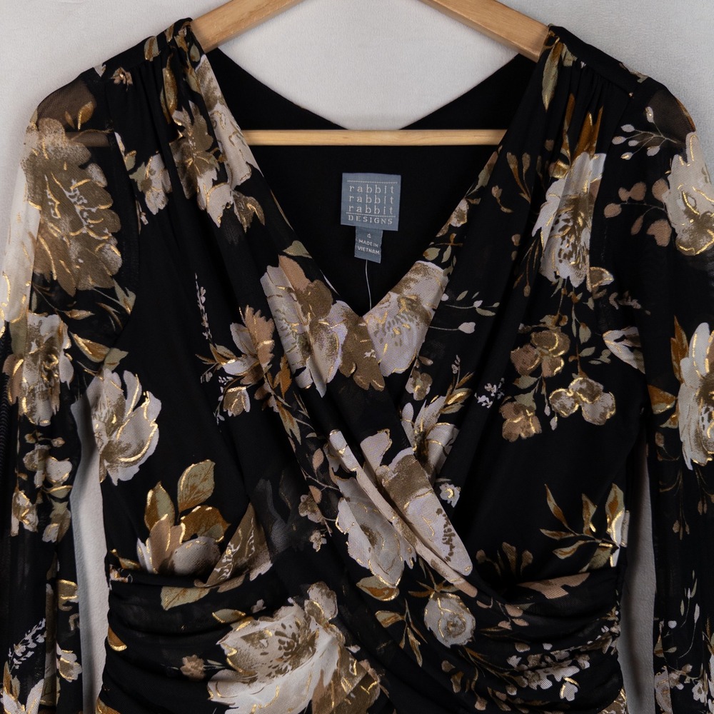 Rabbit Rabbit Rabbit Designs Dress 4 Black Taupe Metallic Floral Mesh Feminine - Picture 2 of 9